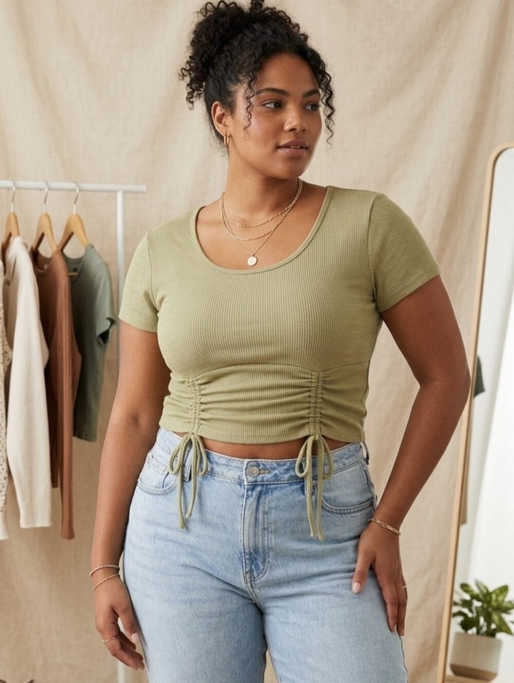 SO Olive Green Ribbed Ruched Front Short Sleeve Top - Size L